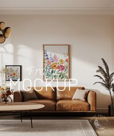 a living room scene with the text free mock mockup on the wall above the couch