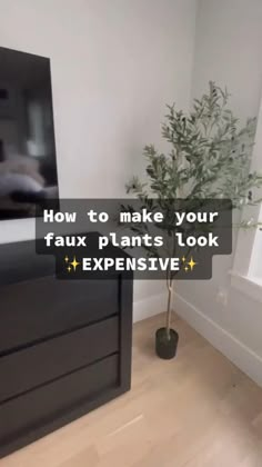 a bedroom with a plant in the corner and text overlay that reads how to make your faux plants look expensive