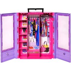 an open pink and purple toy wardrobe with clothes hanging on the door, purses in it