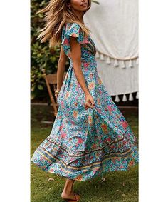 Women's Cute Colorful Beautiful Lightweight Flowy Ruffle Floral Print Beach Cover Up Bohemian Maxi Wrap Around Dress Features: V-Neck, Raffle Frills, Short Sleeved, Floral Print, Irregular Strap, Wrap around, High Split dress, Light weighted, Fit & Flowy Material: Polyester Sizes: Small, Medium, Large, X-Large Perfect for casual everyday wear, Spring, Summer, Swimwear cover ups, Shopping, Vacation, Tea Party etc. Multicolor V-neck Boho Dress For Garden Party, Multicolor V-neck Boho Dress For Summer, Spring Hippie V-neck Maxi Dress, V-neck Boho Dress With Ruffles For Festival, Green V-neck Boho Dress For Summer, Beach Hippie Boho Dress With Ruffles, Summer V-neck Printed Boho Dress, Casual V-neck Maxi Dress For Holiday, Summer Boho V-neck Dress For Garden Party