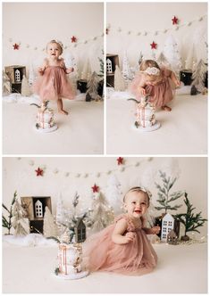 Christmas Smash Cake Photoshoot, Christmas Cake Smash Girl, Winter Smash Cake Girl, One Year Old Birthday Party Girl Winter, Winter First Birthday Photoshoot