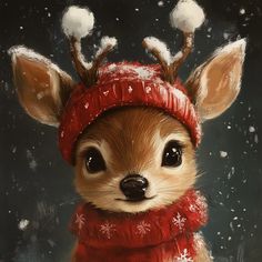 a painting of a little deer wearing a red scarf and hat with snow on it