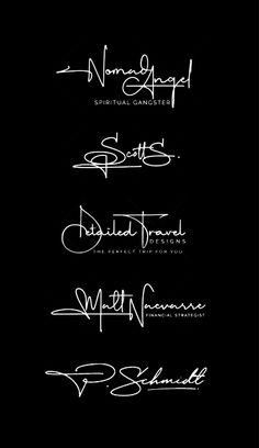 four different types of handwriting written in white ink on a black background with the words, names