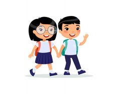 two children are walking together with backpacks on their back and one is wearing glasses