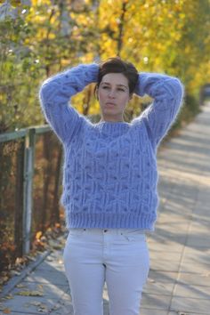 Cozy Blue Mohair Sweater, Blue Mohair Knitted Sweater, Blue Hand Knitted Mohair Sweater, Blue Hand-knitted Mohair Sweater, Hand Knitted Long Sleeve Mohair Knitting Pattern, Cozy Mohair Knit Sweater, Cozy Mohair Sweater, Cozy Knitted Mohair Sweater, Handmade Cozy Alpaca Sweater