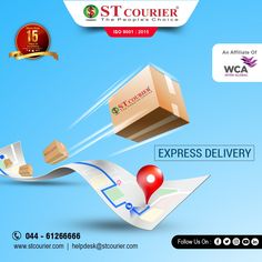 the advertisement for st courier express delivery is shown with an image of boxes flying through the air