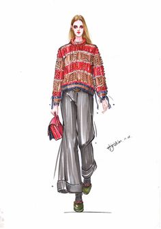 a drawing of a woman in red sweater and pants