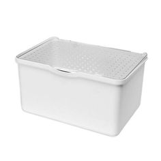 a white plastic storage box with holes on the lid and bottom, in front of a white background