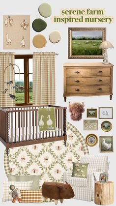 A mood board featuring farm inspired nursery decor. A wooden crib, a rocking chair and lots of cute farm decor. The color scheme is green, yellow and soft neutrals. Farm Themed Nursery, Nursery Mood Board, Christmas Posts, Baby Nursery Inspiration, Vintage Baby Boys, Baby Room Themes, Baby Nursery Neutral, Nursery Room Design, Baby Boy Room Nursery