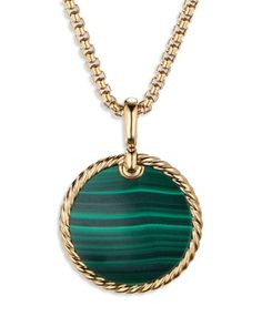 David Yurman Small Cable Disc Amulet in 18K Yellow Gold with Malachite Luxury Round Malachite Jewelry, Luxury Malachite Jewelry, Yellow Gold Malachite Pendant Jewelry, Mens Diamond Jewelry, Malachite Necklace, Malachite Jewelry, Shiny Things, Men's Jewelry, David Yurman