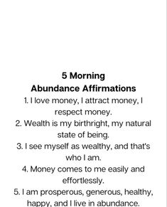 a poem with the words 5 morning abundance affirmmations and five other words