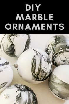 marble ornaments with the words diy marble ornaments in black, white and grey on them