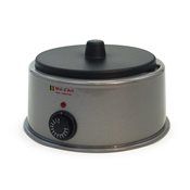 an image of a food warmer that is stainless steel and has a black knob on the top