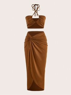 Solid Halter Top & Twist Front Skirt Coffee Brown Sexy  Sleeveless  Plain  High Stretch  Women Clothing, size features are:Bust: ,Length: ,Sleeve Length: High Waist Sports Leggings, Slim Fit Crop Top, Shein Icon, Fashion Top Outfits, 2 Piece Skirt Set, Top Halter, Split Skirt, Coffee Brown, Cute Everyday Outfits