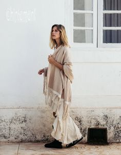 Beige Bohemian Shawl Poncho, Oversized Bohemian Shawl For Beach, Bohemian Cream Shawl With Fringe, Beige Shawl Poncho For Beach, Bohemian Beige Shawl For Festivals, Beige Bohemian Shawl For Festivals, Oversized Bohemian Shawl With Fringe, Bohemian Cream Poncho With Fringe, Bohemian Beige Pashmina Shawl