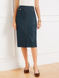 Sleek flap pockets at the front elevate this must-have midi skirt. In a soft, refined denim with expert tailoring for a modern, ultra-flattering fit. A fabulous addition to your work-ready closet. Features Midi Skirt Hits At Waist Mid Length Hidden back zip closure Button flap pockets Imported Fit: Misses: 27"; Petite: 24 1/2"; Plus: 27"; Plus Petite: 24 1/2" Material: 98% Cotton, 2% Spandex Care: Dry Clean | Refined Denim Midi Skirt Talbots Workwear Midi Skirt With Pockets, Midi Skirt With Pockets For Work, Straight Leg Denim Skirt With Pockets For Work, Denim Skirt With Pockets For Work, Fitted Knee-length Denim Skirt With Pockets, Relaxed Denim Workwear Skirt With Pockets, Relaxed Denim Skirt With Pockets For Work, High Waist Denim Skirt With Pockets For Work, Knee-length Denim Skirt With Pockets For Work