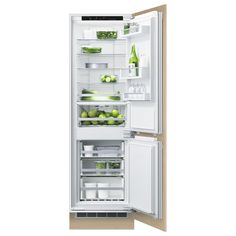 an open refrigerator with its door wide open and full of green vegetables, fruit and drinks