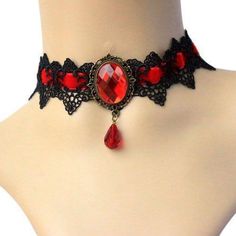 Goth Choker Necklaces, Gothic Jewelry Diy, Red Pendant Necklace, Gothic Choker Necklace, Tobias Eaton, Crystal Tattoo