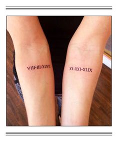 two tattoos on both legs with roman numerals in black ink, and the word xix - xixi written across them