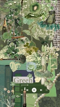 a collage of green and white images with flowers, plants, books, and other things