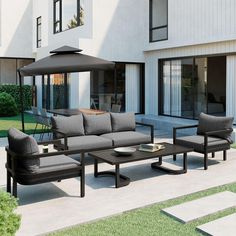 The multi-person outdoor sofa set with coffee table made of steel is the perfect choice for any outdoor seating area. Made of high-quality steel, it is durable and long-lasting, making it perfect for outdoor use. This sleek and stylish set comes complete with four chairs and a coffee table, making it perfect for entertaining guests or relaxing with family and friends. The multi-person outdoor sofa set with coffee table made of steel is the perfect choice for any outdoor space. It is durable, sty Outdoor Sofa Set, Steel Sofa, Acacia Wood Table, Patio Sofa Set, Outdoor Sofa Sets, Patio Sofa, Conversation Set Patio, Single Sofa, Diy Patio