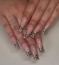 Lepord Nails Acrylic French Tip, Animal Print French Tip Nails, Leapord Nails Acrylic, Leo Nails, Nail Art 2022, Design Nails Art, Nail Art Aesthetic, Nail Art Trendy, Nail Art 2023