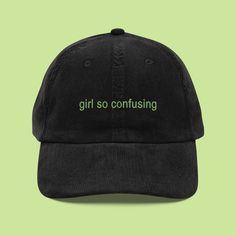 Introducing our Girl So Confusing Cap, the must-have accessory for those who can't get enough of brat. Crafted from 100% cotton corduroy, this cap offers a perfect blend of style, comfort, and individuality. 🧢 Embrace Your Inner Brat Show off your devotion to brat with our Girl So Confusing Cap. The text Girl so confusing is beautifully embroidered on the front, capturing the album's playful and enigmatic spirit. High-quality embroidery ensures the design remains vibrant and durable. 🌟 Materia Trendy Corduroy Hat, Trendy Corduroy Snapback Hat, Trendy Corduroy Snapback Baseball Cap, Trendy Cotton Flat Cap Trucker Hat, Trendy Corduroy Cap, Trendy Cotton Dad Hat With Short Brim, Trendy Corduroy Snapback Dad Hat, Trendy Cotton Snapback Hat With Short Brim, Trendy Corduroy Hat With Curved Brim