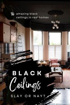 Black Ceilings slay or nay. 16 amazing black ceilings in real homes. Background photo of a Victorian living room with high black ceiling and light pink walls and a large bay window. Dark Walls Dark Ceiling, Black Ceiling Paint Colors, Black Ceiling Tan Walls, Black Ceiling Dining Room Ideas, Dark High Ceiling Living Rooms, Living Room Dark Ceiling, Black Ceiling Office Interiors, Ceiling Same As Wall Color