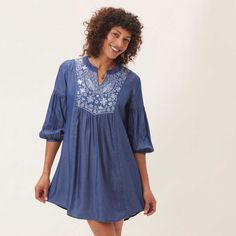 Chambray Dress With Light Blue Embroidery Dress - rockflowerpaper Indigo V-neck Summer Dress, Casual Floral Embroidery Beach Dress, Casual Beach Dresses With Floral Embroidery, Spring Beach Embroidered Mini Dress, Spring Embroidered Beach Mini Dress, Blue Embroidered V-neck Dress For Summer, Blue Embroidered V-neck Summer Dress, Blue V-neck Embroidered Summer Dress, Blue Embroidered Day Out Dresses