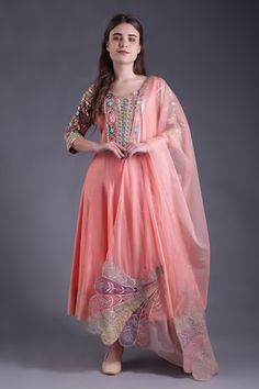 Peach anarkali featuring floral, bird motifs, geometric pattern embroidered with sequin, glass bead and drop crystal bead. Paired with a pant and dupatta featuring applique work. - Aza Fashions Peach Anarkali Set For Designer Wear, Peach Anarkali Set With Resham Embroidery For Reception, Fitted Peach Anarkali Set, Peach Anarkali Set With Zari Work, Designer Peach Anarkali Set With Sheer Dupatta, Festive Peach Anarkali Set With Straight Kurta, Peach Designer Anarkali Set With Traditional Drape, Designer Peach Anarkali Set With Traditional Drape, Peach Anarkali Sharara With Dabka Work