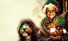 an old woman holding a lit candle next to a dog on a christmas card with snowflakes in the background