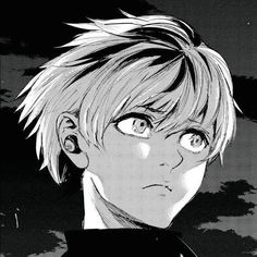 an anime character with blonde hair and blue eyes looking at the camera, in black and white