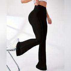 Flared Fit High Waist Yoga Pants For Women - Soft, Stretchy, Comfortable, And Breathable Fitness Trousers For Running, Workout, And Casual Wear - Vintage Athletic Style, Wide Waistband, And Four-Way Stretch Fabric Sporty Stretch Wide Leg Ankle-length Pants, Sporty Stretch Ankle-length Wide Leg Pants, Non-stretch Black Gym Pants, Solid Yoga Trousers For Workout, Stretch Ankle-length Pants For Workout, Stretch Ankle-length Workout Pants, Solid Color Workout Yoga Trousers, Black Casual Yoga Pants Figure-flattering, Elastane Yoga Pants