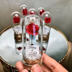 a hand holding a glass jar filled with red roses and pearls on top of it