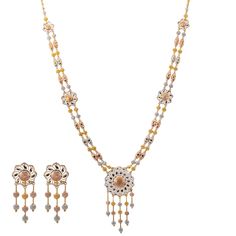 Indulge in the epitome of luxury with this Virani Jewelers 22k multi-tone gold beaded necklace set. This stunning gold necklace and earring pairing is a celebration of Indian jewelry. The meticulously crafted multi-tone gold jewelry set is designed for a woman to adorn herself in resplendent beauty. The warm glow of 22k gold tones intertwines with delicate beads, creating a piece of Indian gold jewelry that transcends time. The matching earrings complement the necklace, completing your look with 22k Gold Dual-tone Jewelry For Celebrations, Dual-tone 22k Gold Jewelry For Celebrations, Multicolor 22k Gold Fusion Jewelry, Traditional Yellow Dual-tone Jewelry, Gold Dual-tone Fusion Temple Necklace, Dual-tone Yellow Gold Jewelry For Formal Occasions, Elegant 22k Gold Dual-tone Jewelry, Formal Dual-tone Yellow Gold Jewelry, Multicolor Gold Beads Jewelry For Celebration