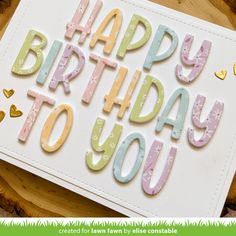 a birthday card with the words happy birthday to you written in pastel letters on it