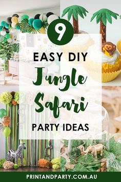 jungle safari party ideas with palm trees, cupcakes and other decorations for a jungle birthday