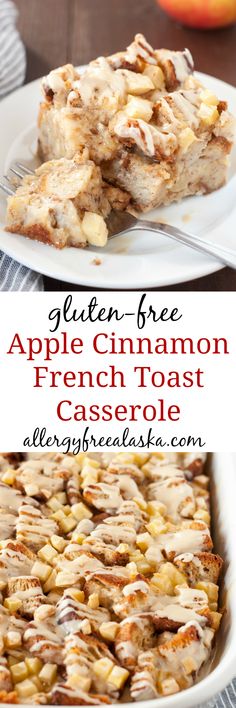 an apple cinnamon french toast casserole on a white plate