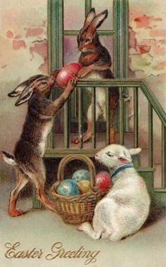 an easter card with two rabbits and a basket