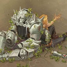 a woman sitting on the ground next to a pile of metal armor and plants in front of her