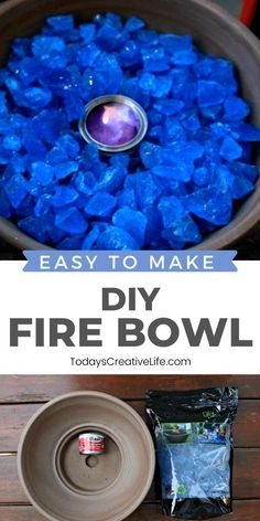 a bowl filled with blue rocks and the words easy to make diy fire bowl