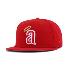 This Angels logo from 1971 is usually paired with Navy, however we decided to update it to the modern colorway of predominantly Scarlet. One artifact from the throwback era however is the Metallic Gold halo, which we feel still goes very nicely with the Scarlet wool. An Angels’ fan’s dream, this new classic is bound to be your new favorite fitted. Hat Material: 100% WoolCrown: ScarletVisor: ScarletButton: ScarletUndervisor: GreyFront Logo: Scarlet/White/Metallic GoldNew Era Flag: ScarletRear Log Red Flat Crown Baseball Cap For Baseball Season, Red Baseball Cap With Flat Crown For Sports Events, Red Flat Crown Baseball Cap For Sports Events, Red Baseball Cap For Sports Events, Red Fitted Hat For Sports With Flat Crown, Red Fitted Hat With Flat Crown For Sports, Red Fitted Hat For Baseball With Flat Crown, Red Fitted Hat For Baseball Season, Red Collegiate Snapback Hat For Sports Events