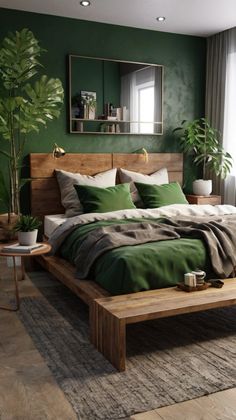 a bed with green sheets and pillows in a room next to a large potted plant