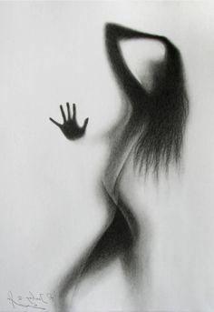 a black and white drawing of a woman's body with her hands in the air