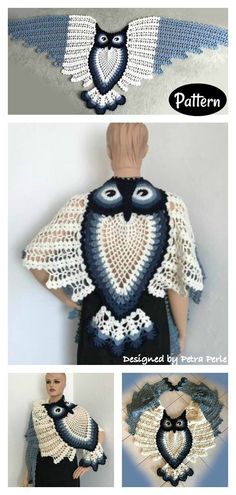 crocheted owl shawl pattern is shown with instructions to make it look like an owl