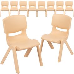 a set of six beige chairs sitting next to each other in front of a white background