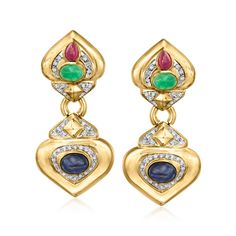 Ross-Simons - C. 1980 Vintage 7.10ct t. w. Multi-Gemstone Drop Earrings, 1.00ct t. w. Diamonds. C. 1980. Evocative of their '80s origin, these Estate collection drop earrings exude true glamour! The trifecta of classic gemstones come together in shapely 18kt yellow gold drops, including 7.10 ct. tot. gem wt. multi-shaped sapphire, emerald and ruby cabochons alongside the sparkle of 1.00 ct. t. w. round brilliant-cut diamonds. Hanging length is 1 5/8". Clip/post, diamond and multi-gemstone drop e Jewellery Patterns, Gemstone Drop Earrings, Jewelry Patterns, Round Brilliant Cut Diamond, Estate Jewelry, Wire Jewelry, Round Brilliant, Dream Closet, Mood Board