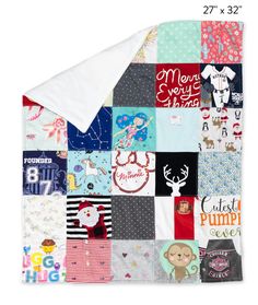 a baby blanket with many different designs on the front and back, all in various colors