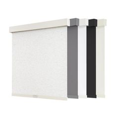 a white and black wall hanging on the side of a building with two vertical blinds