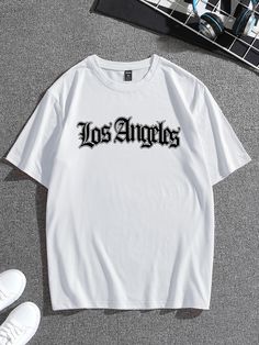 Blanco Casual Collar manga corta Tela Letras  Embellished Elástico Ligero Verano Tops para Hombre Skater Graphic Tees, Logo Shirt, Off White Tshirt, White T Shirt, Lakers T Shirt, Positive Hoodie, White Shirt Men, Trendy Shirt Designs, Latest T Shirt